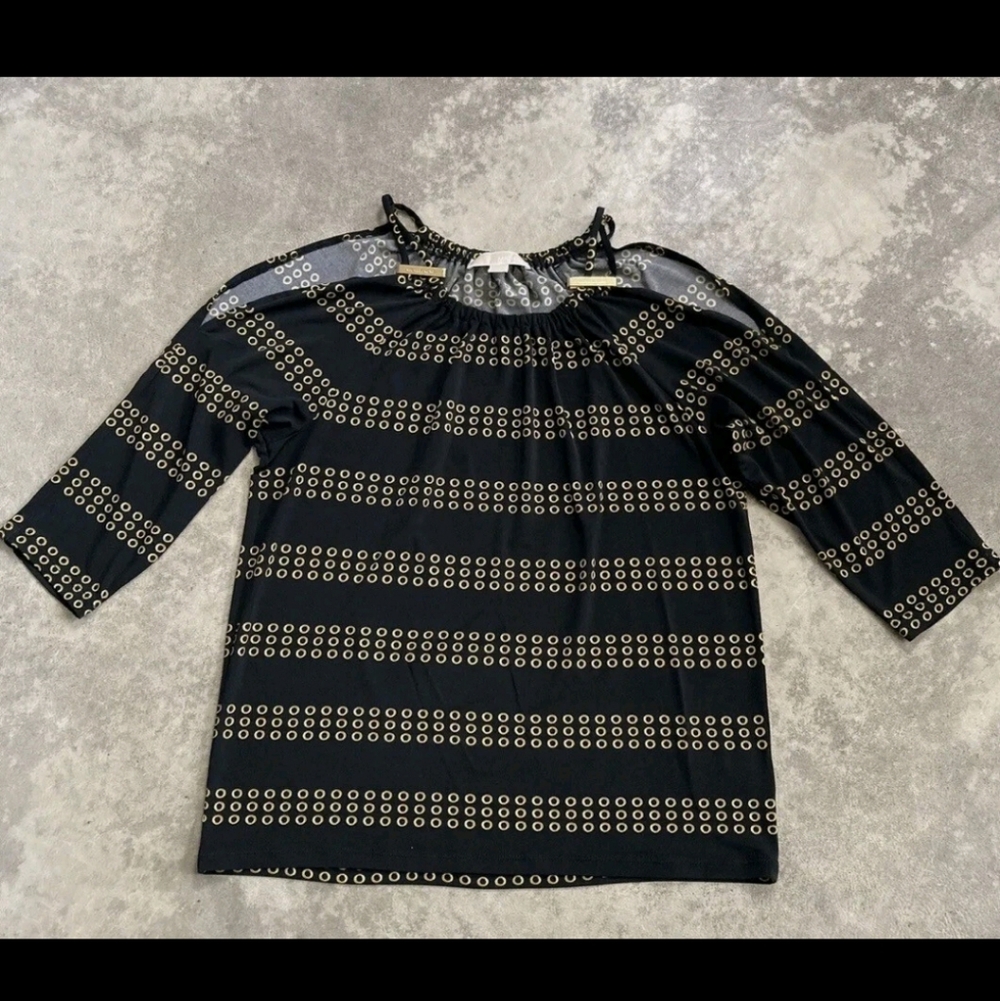 Michael Kors Cold Shoulder Black and Gold Patterned Blouse